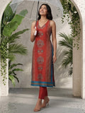 Everyday-ready rust A-line V-neck kurta paired with soft, elasticated solid trousers.