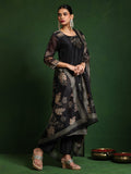 Varanga Women Round Neck Floral Printed Embroidered Kurta Paired With Solid Bottom And French Knot Embroidered Dupatta