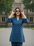 Varanga Womenâ€™s Blue Printed Tunic with 3/4 Sleeves