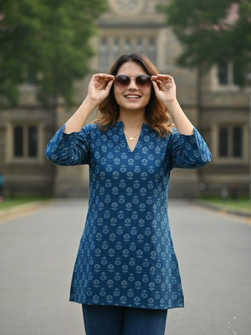 Varanga Women Blue Printed Tunic with 3/4 Sleeves
