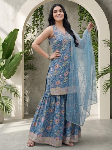 Azure Blue All-Over Floral Print Kurta Set With Dupatta