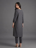 Women Straight Kurta With Embroidery On Neck Paired With Solid Trousers