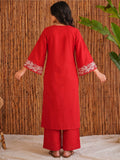 Women Red Embroidered Solid Straight Kurta With Trousers