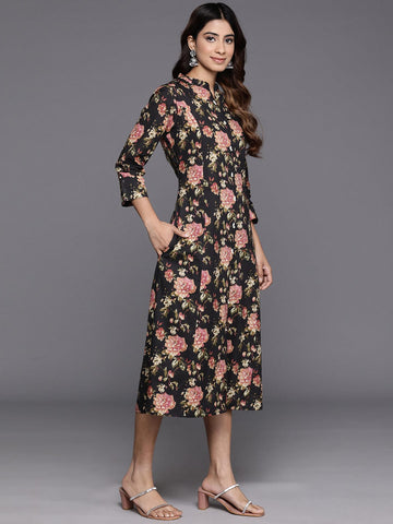 Varanga Women Black Floral Printed A-Line Dress