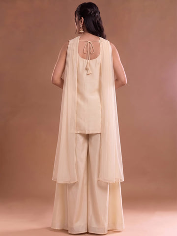 White Embroidered Kurta Set Featuring Zari And Sequin Work With A Matching Flared Palazzo And Embellished Dupatta