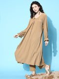 varanga beige solid empire v neck kurta with trousers