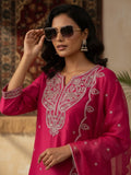 Fuchsia Straight-Fit Kurta Set With Intricate Zari Embroidery, Paired With Solid Ankle-Length Trousers And An Embroidered Dupatta For A Graceful Festive Look.