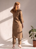 Womens Mocha Elephant embroidery Shirt-Style Kurta with Straight Trousers