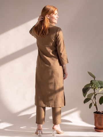 Womens Mocha Elephant embroidery Shirt-Style Kurta with Straight Trousers
