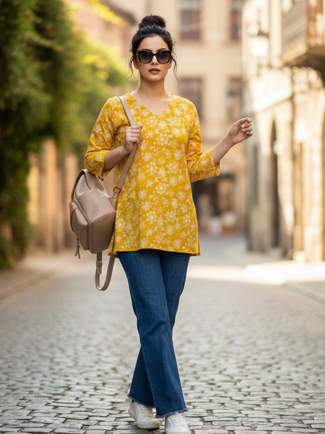 Varanga Women's Mustard Yellow Floral Print Tunic with V-Neck