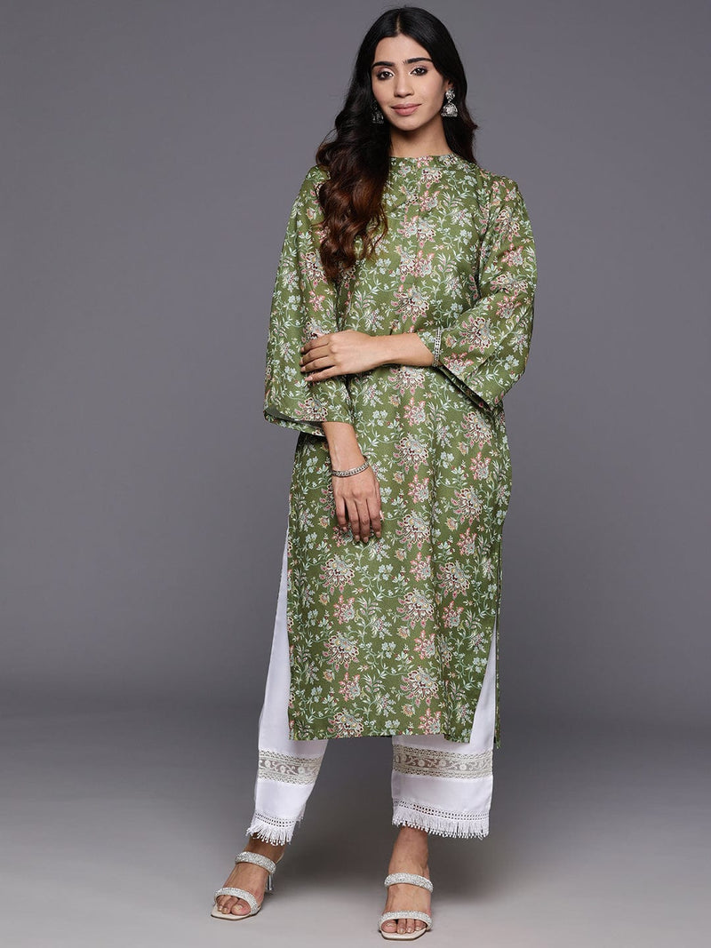 Varanga Women Olive Floral Printed Mandarin Collar Straight Kurta
