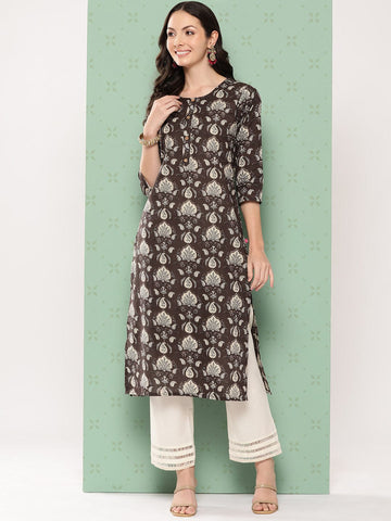 Varanga Women Grey Floral Printed Straight Kurta With Three Quarter Sleeves