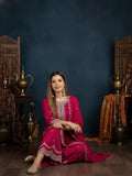 Fuchsia Straight-Fit Kurta With Zari Embroidery And Scallop Detailing, Paired With Sharara And Dupatta.
