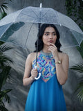 Varanga Women Halter Neck Blue Sleeveless Flared Kurta Paired With Tonal Bottom