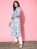 KSUT Women Turquoise Blue And White Printed Cotton Kurta