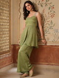 Olive Green Embellished Sharara Set With A Mirror Work Strappy Top & Dupatta.