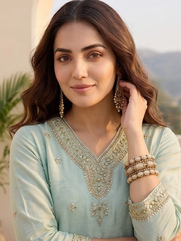 Zari-Embroidered Kurta Paired With Solid Trousers And A Tonal Dupatta .