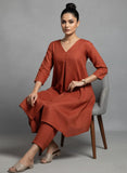Varanga Women Orange Solid A-Line Kurta Paired With Tonal Bottom