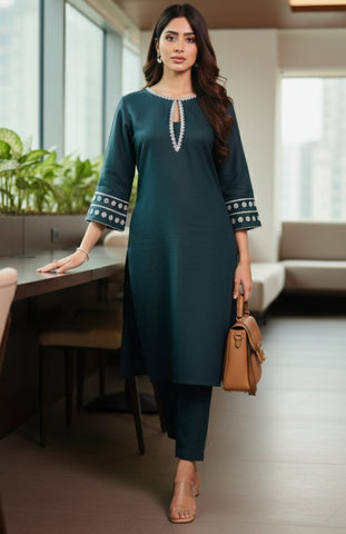 Varanga Women Bottle Green Embroidered Kurta Set