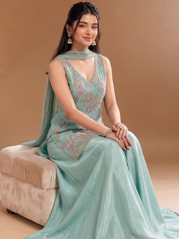 Women's Embroidered Shimmer Short Kurta With Palazzo And Dupatta