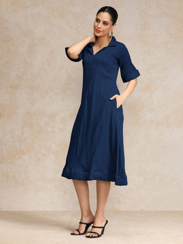 Varanga Women Beige Shirt Collar A Line Dress
