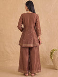 Embroidered Brown Kurta Set With Palazzo And Dupatta.