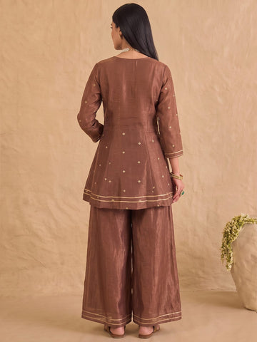Embroidered Brown Kurta Set With Palazzo And Dupatta.