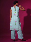 Sky Blue Tulip Print Halter Neck Kurta Set With Wide-Leg Trousers