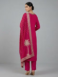 Fuchsia kurta set featuring a bead-embellished yoke, solid ankle-length trousers, and a brocade dupatta