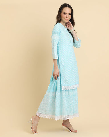 KSUT Women Blue Chikankari Kurta Attached With Skirt