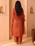 Rust Shiny Kurta Set With Embroidered Dupatta
