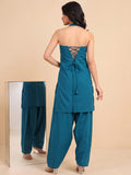 Women Teal Blue Solid Kurta Set With Farsi Salwar & Striped Dupatta