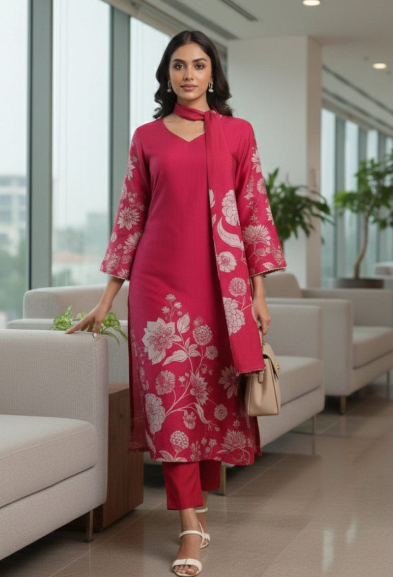 Varanga Women Fuchsia Pink Floral Printed Gota Detail Flared Sleeve Kurta With Solid Trouser