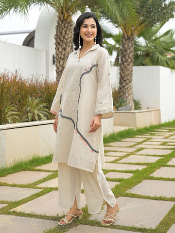 Mixed-Pattern Botanical Long-Line Kurta Set