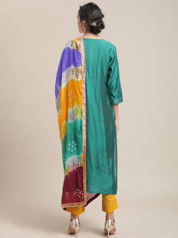 Varanga Women Teal Green Yoke Design Regular Kurta With Trousers & With Dupatta