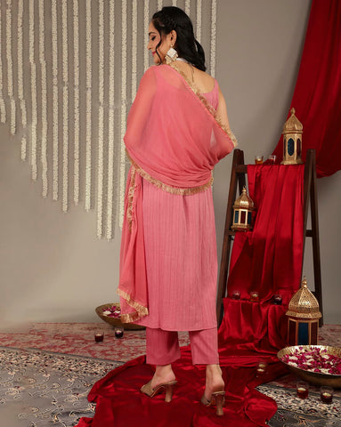 Varanga Women Mauve Straight Kurta With Tonal Ottom & Dupatta