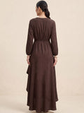 Brown Wrap Dress With A Flattering High-Low Silhouette .