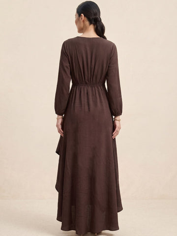 Brown Wrap Dress With A Flattering High-Low Silhouette .