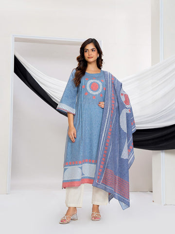 Modern Geometric-Border Kurta with Linear Striped Dupatta
