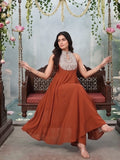 Varanga Women Rust Yoke Embroidered Sleeveless Flared Kurta With Trousers.