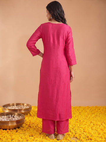 Women'S Pink Mul Chanderi Kurta Set With Chiffon Dupatta
