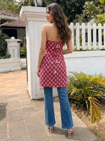 Women's Magenta Floral Halter-Neck Lace-Up Top