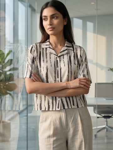 Black Coloured Short Sleeves Shirt Collar Top