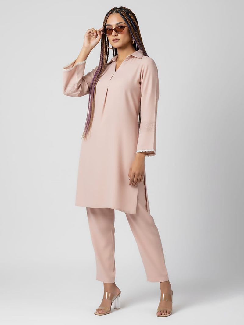 Varanga Women Peach Thread Embroidered Co-Ord Set