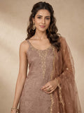Womens Solid Metallic Kurta Set With Gold Embroidery