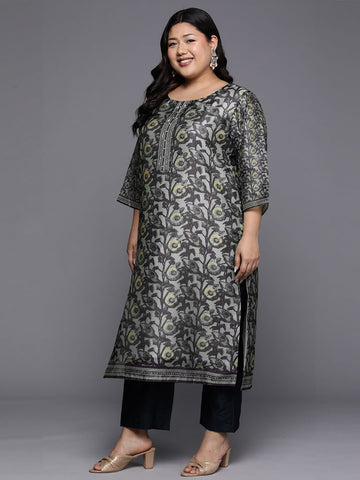 Varanga Women Grey Floral Printed Round Neck Straight Kurta Paired With Bottom And Printed Dupatta.