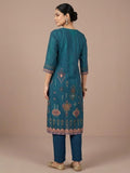 varanga Women A Vibrant 3-Piece Blue Ikat-Printed Kurta Set With Solid Trousers And A Lace-Trimmed Dupattaâ€”Perfect For Festive Occasions, Styled Best With Jhumkas, Juttis, And Soft Glam Makeup.