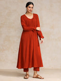 Varanga Women Rust Colour, Bishop Sleeve A-Line Kurta Paired With Tonal Bottom