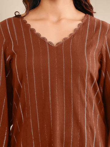 Varanga Women Brown Lurex A- Line Kurta With Trousers