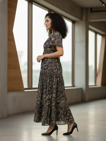 Varanga Women's Ethnic Floral Printed Brown Flared Dress featuring a V-Neck and Flared Sleeves.